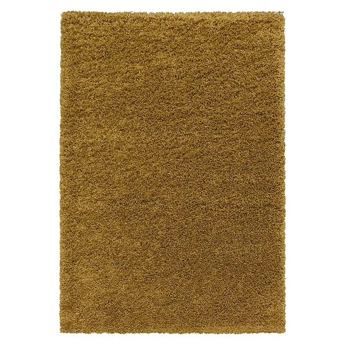 Hochflorteppich Sydney 3000 - Gold, 200 x 100 cm, 100 % Polypropylen - Nahaufnahme eines rechteckigen, ockerfarbenen Shaggy-Teppichs mit hoher Textur und weichen Fasern.