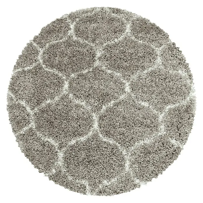 Hochflorteppich Salsa 3201Beige, Durchmesser: 120 cm, 100% Polypropylen - Ein runder, grau-weißer Shaggy-Teppich mit einem marokkanischen Rautenmuster, ideal um jedem Raum Wärme und Stil zu verleihen.