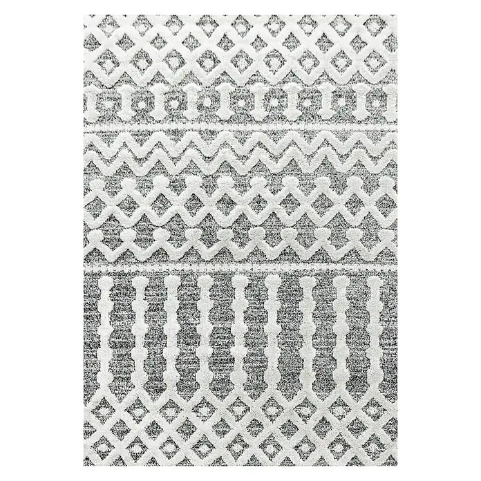 Hochflorteppich Pisa 4710Grau, 200 x 140 cm, 100 % Polypropylen - Ein grauer Teppich mit einem stilvollen, geometrischen Muster, das jedem Raum eine moderne Note verleiht.