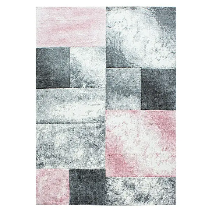 Kurzflorteppich Hawaii 1710 - Pink, 170 x 120 cm, 100 % Polypropylen - Moderner Teppich mit geometrischem Muster in Grau- und Rosatönen, ideal für stilvolle Wohnräume. Die Textur ist weich und einladend.