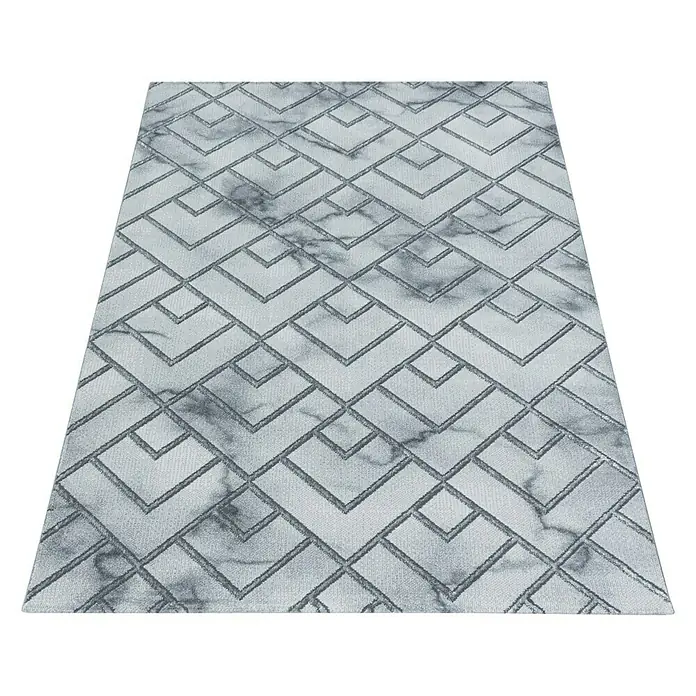 Kurzflorteppich Naxos 3813Silber, 200 x 140 cm, 80% Polypropylen, 20% Polyester - Ein grauer Teppich mit einem geometrischen Marmormuster, das eine elegante und moderne Note verleiht.
