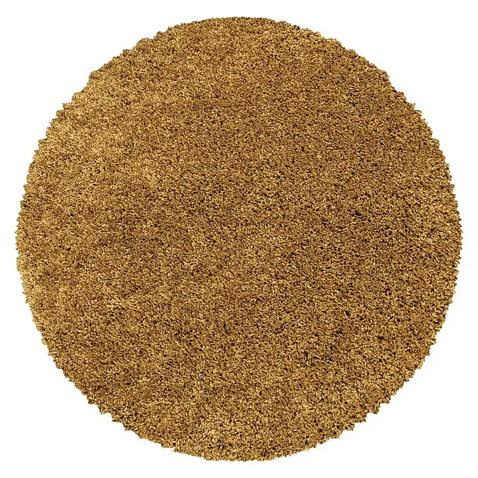 Hochflorteppich Sydney 3000 - Gold, Durchmesser: 80 cm, 100% Polypropylen - Ein runder, goldbrauner Shaggy-Teppich mit flauschiger Textur, ideal für gemütliche Wohnräume und zur Schaffung einer warmen Atmosphäre.