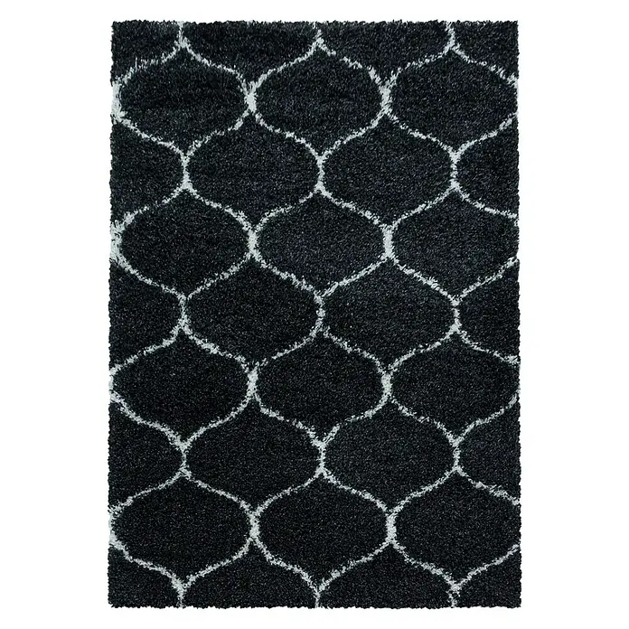 Hochflorteppich Salsa 3201Anthrazit, 290 x 200 cm, 100% Polypropylen - Ein rechteckiger Teppich mit einem marokkanischen Rautenmuster in Anthrazit und Weiß, der jedem Raum einen Hauch von Eleganz verleiht.