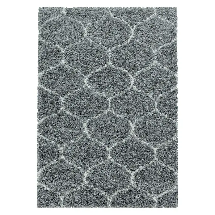 Hochflorteppich Salsa 3201 - Grau, 370 x 280 cm, 100% Polypropylen - Ein grauer Teppich mit einem eleganten, marokkanisch inspirierten Muster, das jedem Raum eine stilvolle Note verleiht.