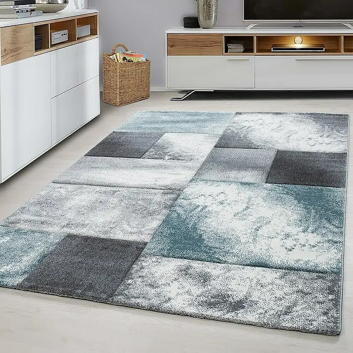 Kurzflorteppich Hawaii 1710 - Blau, 230 x 160 cm, 100 % Polypropylen - Ein moderner Teppich in Blau- und Grautönen mit einem abstrakten Muster, der jedem Raum eine stilvolle Note verleiht.