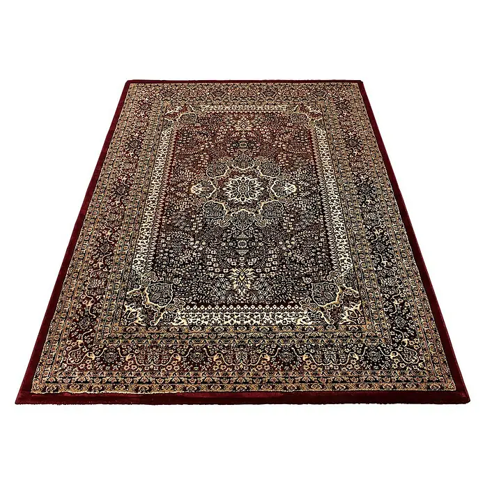 Kurzflorteppich Orient-Optik Marrakesh 0207Rot, 290 x 200 cm, 100 % Polypropylen - Ein detailreicher, burgunderroter Teppich mit einem komplizierten, goldenen floralen Muster, der einen Hauch von Eleganz und Wärme in jeden Raum bringt.