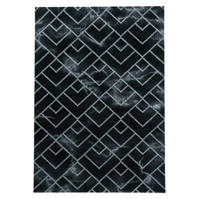 Kurzflorteppich Naxos 3814Silber, 200 x 140 cm, 80% Polypropylen, 20% Polyester - Ein rechteckiger Teppich mit einem eleganten geometrischen Muster aus Linien und marmorartigen Texturen.