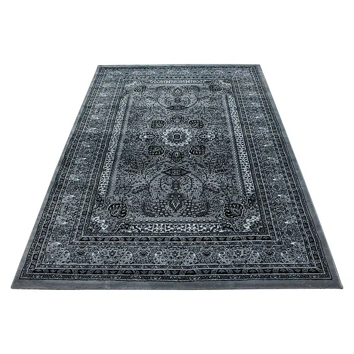 Kurzflorteppich Orient-Optik Marrakesh 0207 - Grau, 340 x 240 cm, 100% Polypropylen - Detailaufnahme eines grauen Orientteppichs mit filigranen Mustern, ideal für ein stilvolles Wohnambiente.