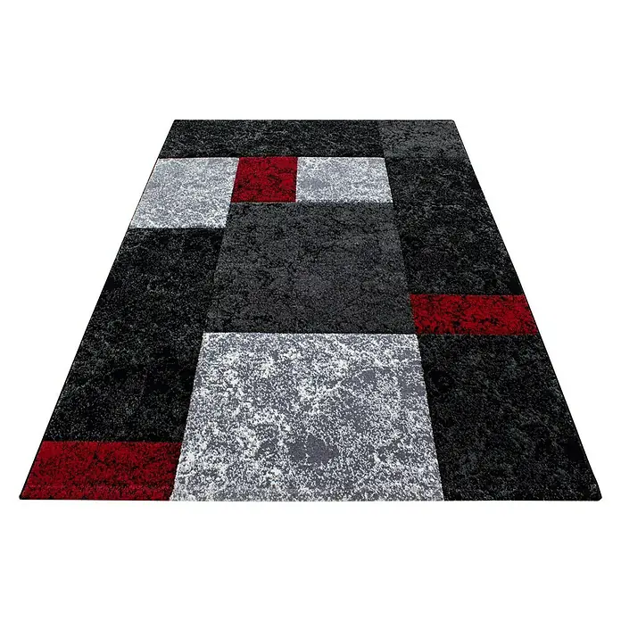 Kurzflorteppich Hawaii 1330 - Rot, 150 x 80 cm, 100% Polypropylen - Moderner Teppich mit einem geometrischen Muster in Schwarz, Grau und Rot, ideal für ein stilvolles Zuhause.