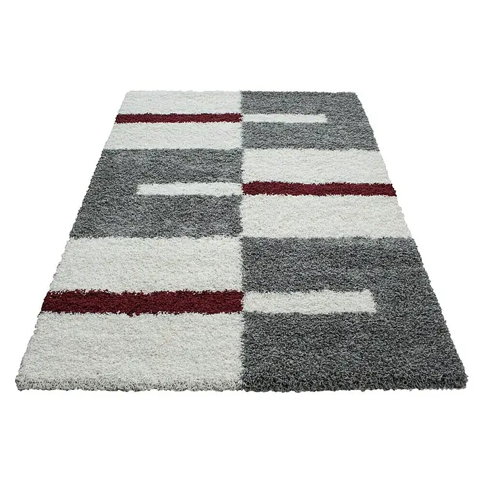 Hochflorteppich Gala 2505Rot, 110 x 60 cm, 100 % Polypropylen - Moderner Teppich mit geometrischen Formen in Grau, Weiß und Burgunderrot. Der Teppich ist ein stilvolles Wohnaccessoire.