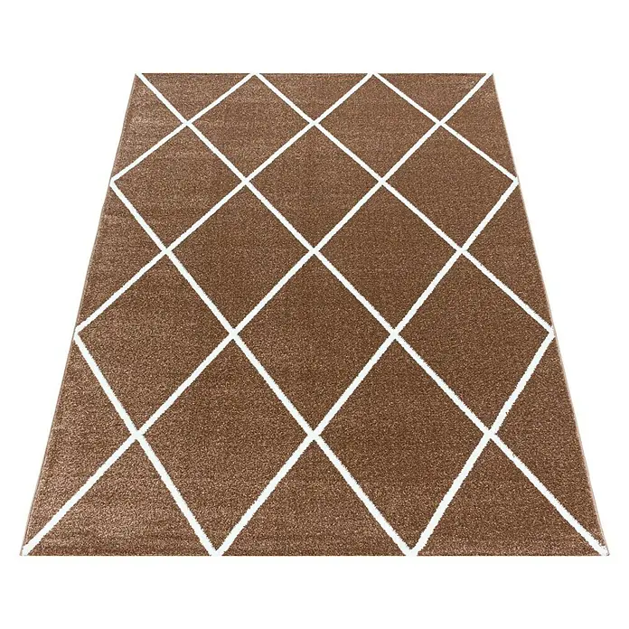 Hochflorteppich Rio 4601Kupfer, 230 x 160 cm, 100% Polypropylen - Attraktiver brauner Teppich mit einem stilvollen weißen Rautenmuster, das jedem Raum einen Hauch von Eleganz verleiht. Perfekt, um Wärme und Design zu kombinieren.