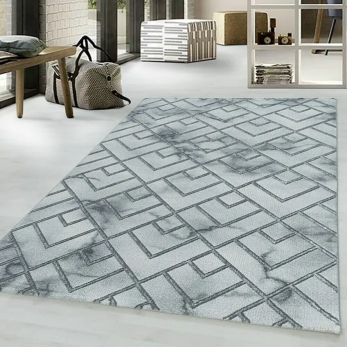 Kurzflorteppich Naxos 3813Silber, 200 x 140 cm, 80% Polypropylen, 20% Polyester - Grauer Teppich mit geometrischem Muster, perfekt für ein modernes Interieur. Er verleiht jedem Raum Stil und Komfort.
