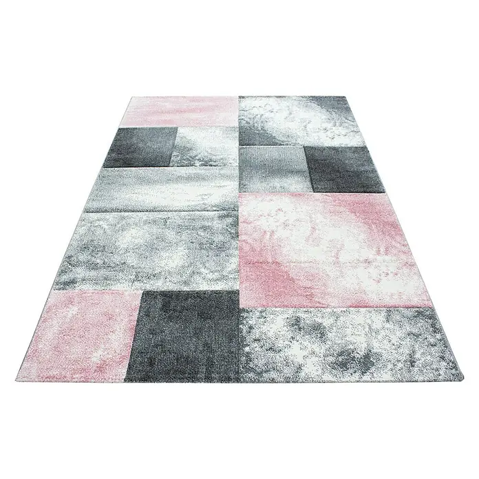 Kurzflorteppich Hawaii 1710Pink, 150 x 80 cm, 100% Polypropylen - Moderner Teppich mit geometrischem Muster in Grau- und Rosatönen, ideal für stilvolle Wohnräume.