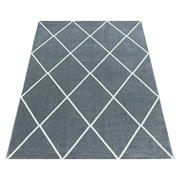 Hochflorteppich Rio 4601 - Silber, 150 x 80 cm, 100 % Polypropylen - Grauer Teppich mit weißem Rautenmuster, ideal für moderne Wohnräume. Ein stilvolles und dekoratives Element.