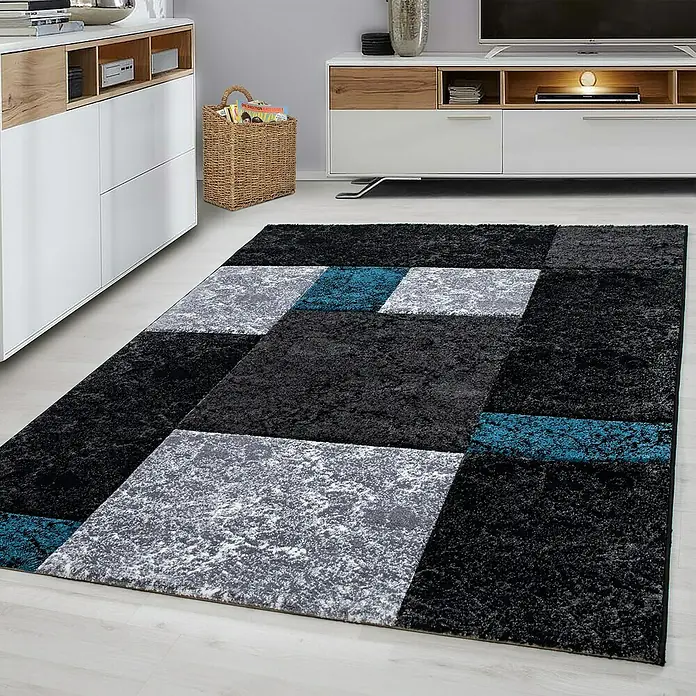 Kurzflorteppich Hawaii 1330 - Türkis, 340 x 240 cm, 100 % Polypropylen - Moderner Teppich mit geometrischem Muster in Schwarz, Grau und Türkis. Ein stilvolles Highlight für jeden Wohnraum.