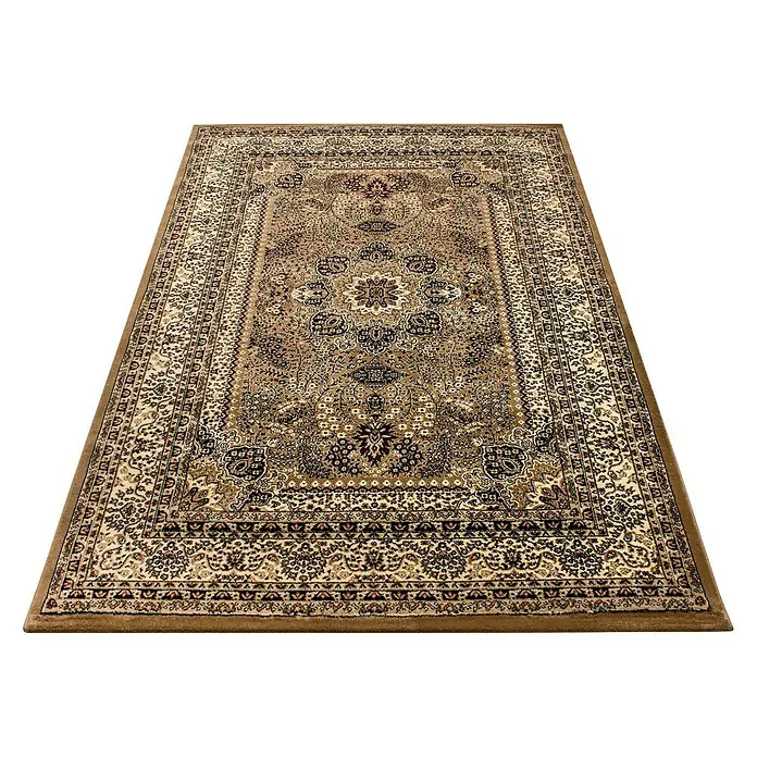 Kurzflorteppich Orient-Optik Marrakesh 0207Beige, 400 x 300 cm, 100 % Polypropylen - Ein rechteckiger Teppich mit einem komplexen orientalischen Muster in Braun-, Beige- und Rottönen. Der Teppich hat einen dekorativen Rand.
