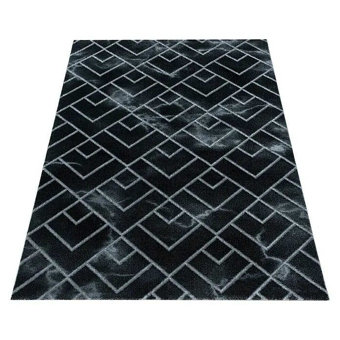 Kurzflorteppich Naxos 3814 - Silber, 200 x 140 cm, 80% Polypropylen, 20% Polyester - Ein rechteckiger Teppich mit einem geometrischen Muster aus grauen Linien auf schwarzem Grund, ideal für moderne Wohnräume.