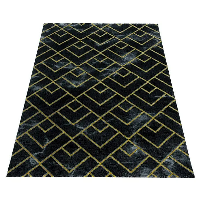 Kurzflorteppich Naxos 3814Gold, 250 x 80 cm, 80% Polypropylen, 20% Polyester - Schwarzer Teppich mit abstraktem, goldfarbenem Muster, ideal für moderne Wohnräume. Eleganter Marmor-Effekt verleiht dem Teppich eine luxuriöse Note.