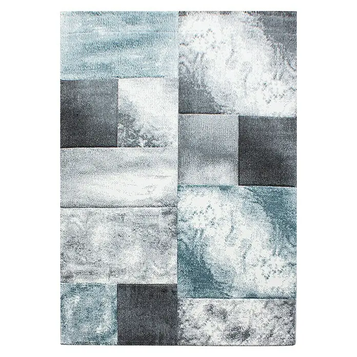 Kurzflorteppich Hawaii 1710 - Blau, 230 x 160 cm, 100 % Polypropylen - Dieser Teppich verfügt über ein abstraktes, modernes Design in Blau-, Grau- und Weißtönen. Er ist rechteckig und scheint weich zu sein.