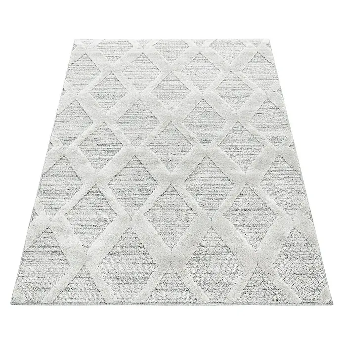 Hochflorteppich Pisa 4703 - Grau, 110 x 60 cm, 100% Polypropylen - Grauer Teppich mit Rautenmuster, der eine subtile Eleganz und Textur für jeden Raum bietet. Perfekt für modernes oder klassisches Interieur.