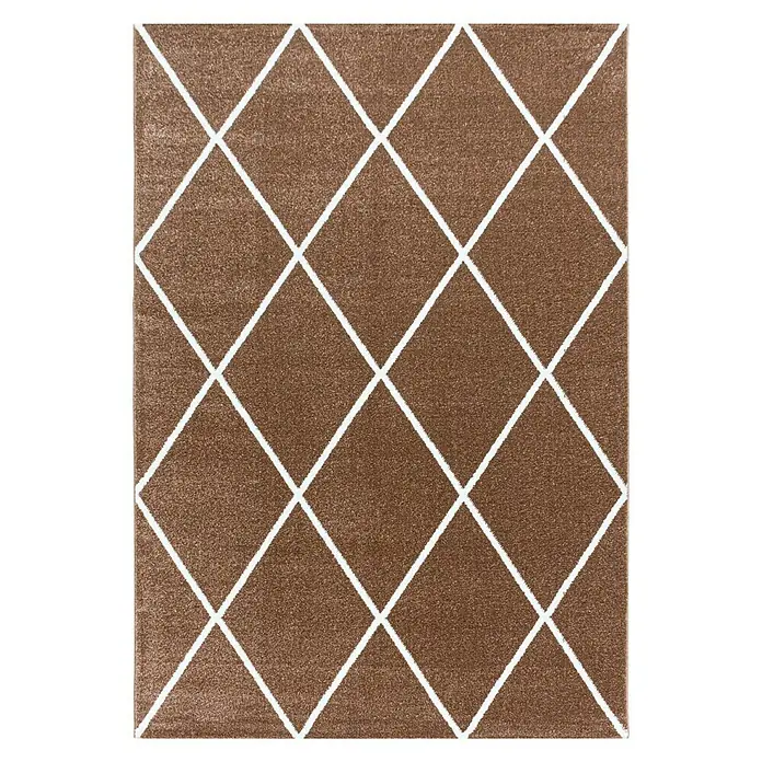 Hochflorteppich Rio 4601 - Kupfer, 150 x 80 cm, 100% Polypropylen - Ein rechteckiger Teppich in Braun mit einem weißen Rautenmuster darauf. Der Teppich hat einen texturierten Look.