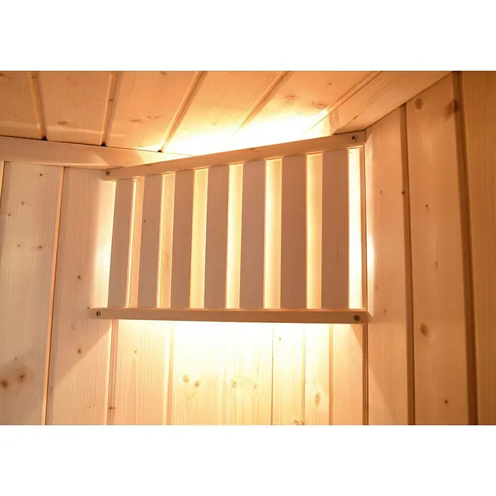 Weka Saunaleuchten-Set - 3 -tlg., E27, 40 W - Holz-Innenraum mit einem Lattenrost, der als dekoratives Element dient und eine warme Atmosphäre erzeugt.
