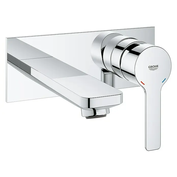 Grohe Lineare Waschtischarmatur - Wandmontage, Chrom, Glänzend, Ausladung Armatur: 149 mm - Bild einer eleganten, verchromten Grohe Armatur für die Wandmontage, die durch ihr minimalistisches Design besticht.