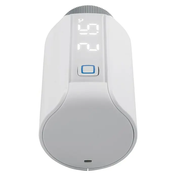 Homematic IP Heizkörper-Thermostat Evo HmIP-eTRV-E - Ventilanschluss: M30 x 1,5 mm, Batteriebetrieben, 94 x 53 x 55 mm, Weiß - Ein weißes, digitales Thermostat mit einer Anzeige von 26 Grad Celsius und einer blauen Taste. Das Thermostat ist sauber und modern gestaltet.