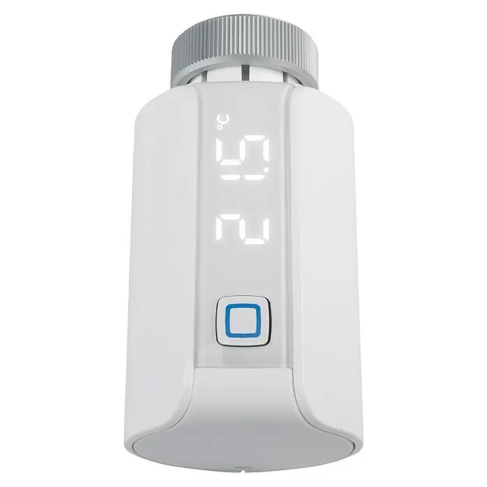 Homematic IP Heizkörper-Thermostat Evo HmIP-eTRV-E - Ventilanschluss: M30 x 1,5 mm, Batteriebetrieben, 94 x 53 x 55 mm, Weiß - Nahaufnahme eines digitalen Heizkörperthermostats in Weiß mit einer Temperaturanzeige von 26 Grad Celsius.