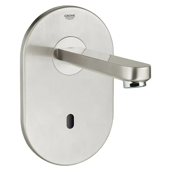 Grohe Eurosmart Waschtischarmatur - Wandmontage, Edelstahl, Glänzend, Ausladung Armatur: 172 mm - Nahaufnahme einer GROHE Essence E Waschtischarmatur mit Infrarotsensor in Edelstahloptik, ideal für moderne Badezimmer.