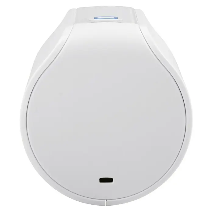 Homematic IP Heizkörper-Thermostat Evo HmIP-eTRV-E - Ventilanschluss: M30 x 1,5 mm, Batteriebetrieben, 94 x 53 x 55 mm, Weiß - Nahaufnahme eines weißen, tropfenförmigen Lufterfrischers mit einer dunklen Sensoröffnung an der Unterseite und einem blauen Detail auf der Oberseite.
