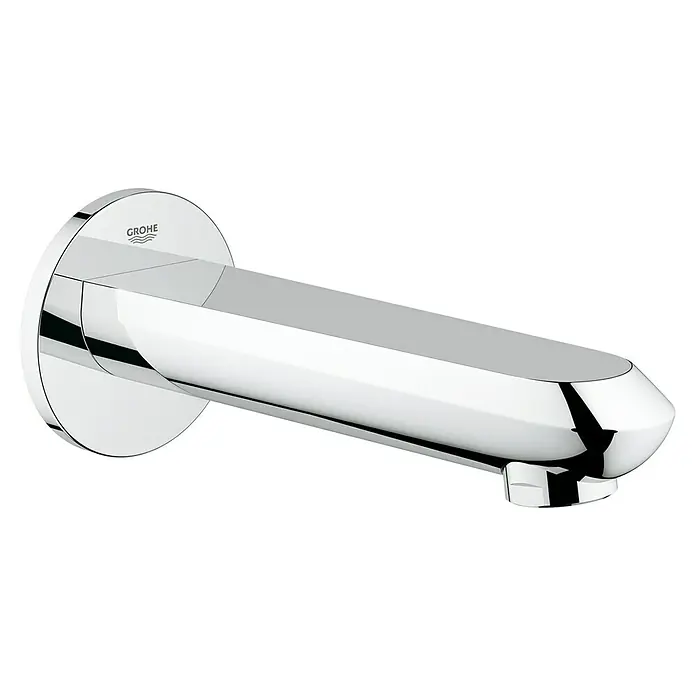 Grohe Eurodisc Cosmopolitan UP-Wanneneinlauf - Chrom, Glänzend - Nahaufnahme eines glänzenden, modernen Grohe Wasserhahns mit klaren Linien und minimalistischem Design auf schwarzem Hintergrund.