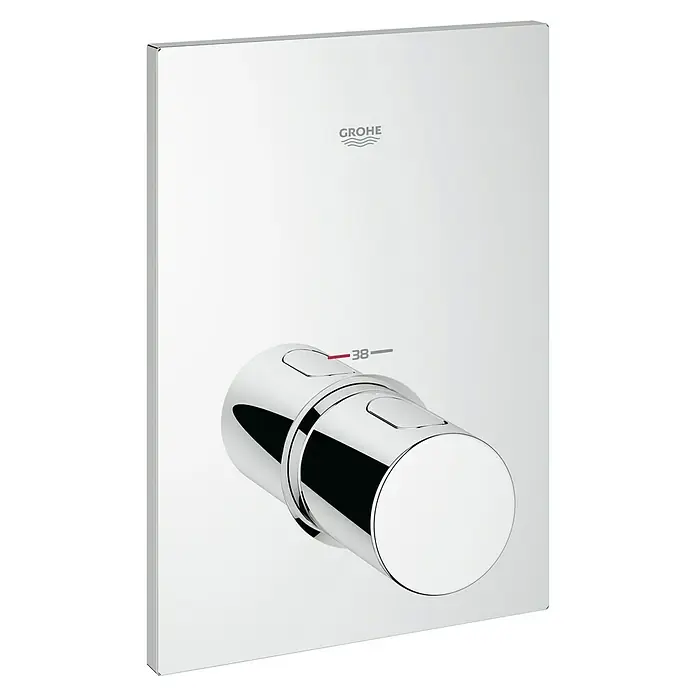 Grohe UP-Thermostatarmatur Grohtherm F - Chrom, Glänzend - Nahaufnahme einer GROHE Duscharmatur mit präziser Temperaturregelung und modernem Design für ein luxuriöses Duscherlebnis.