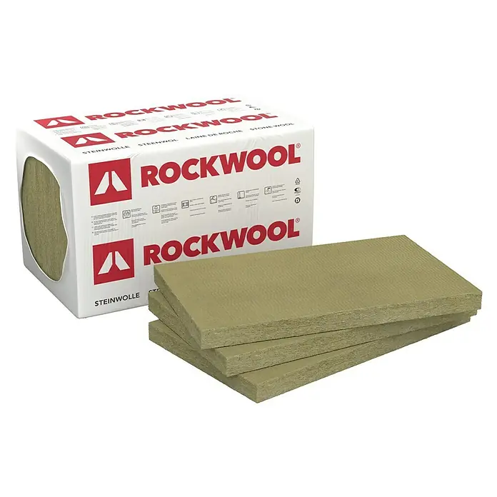 Rockwool Steinwolle Sonorock Akustik Trennwandplatte - Stärke: 45 mm, Wärmeleitfähigkeit: 0,04 W/(mK) - Die Abbildung zeigt eine Verpackung Rockwool Steinwolle mit dazugehörigen Dämmplatten, die für Wärme- und Schalldämmung im Bauwesen verwendet werden.