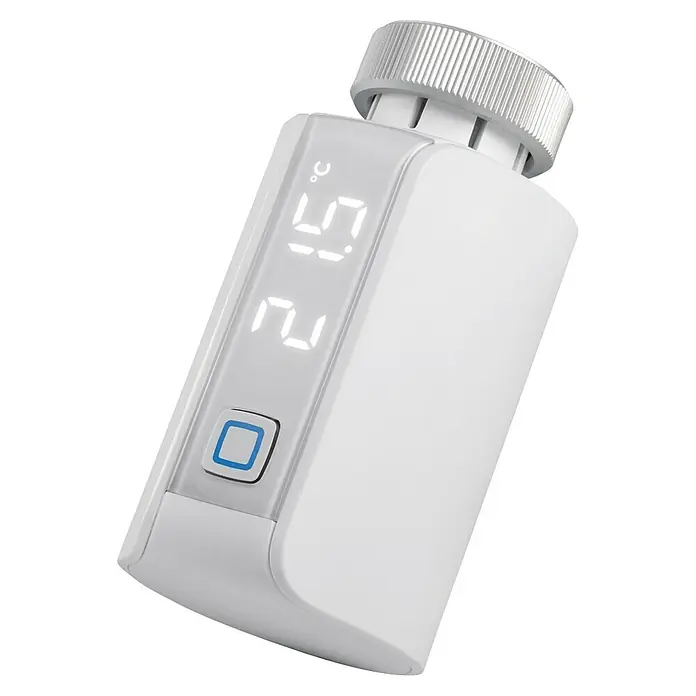 Homematic IP Heizkörper-Thermostat Evo HmIP-eTRV-E - Ventilanschluss: M30 x 1,5 mm, Batteriebetrieben, 94 x 53 x 55 mm, Weiß - Nahaufnahme eines weißen Heizkörperthermostats mit digitaler Anzeige und Drehknopf.