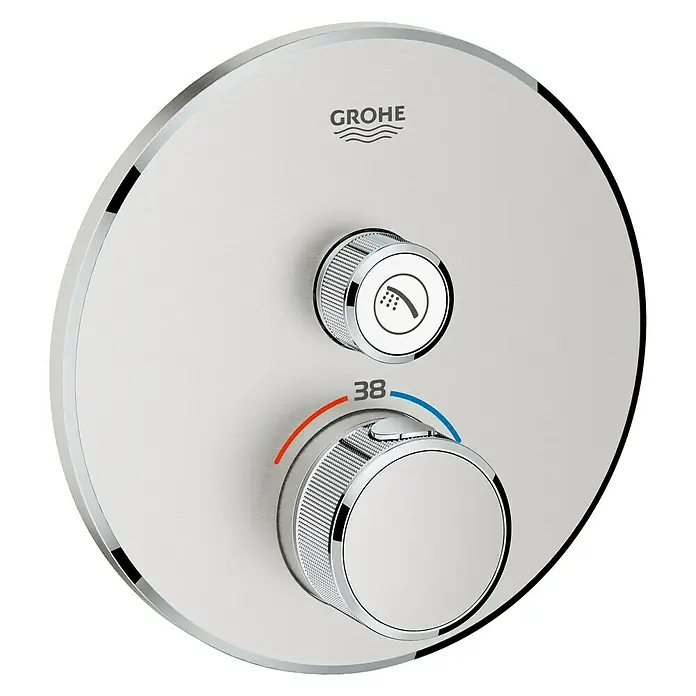Grohe Grohtherm SmartControl UP-Thermostatarmatur - 1 Stk., Rund, Supersteel, Glänzend - Nahaufnahme einer GROHE Duscharmatur mit zwei Drehknöpfen und Chromoberfläche. Hochwertiges Baddesign für ein stilvolles Duscherlebnis.
