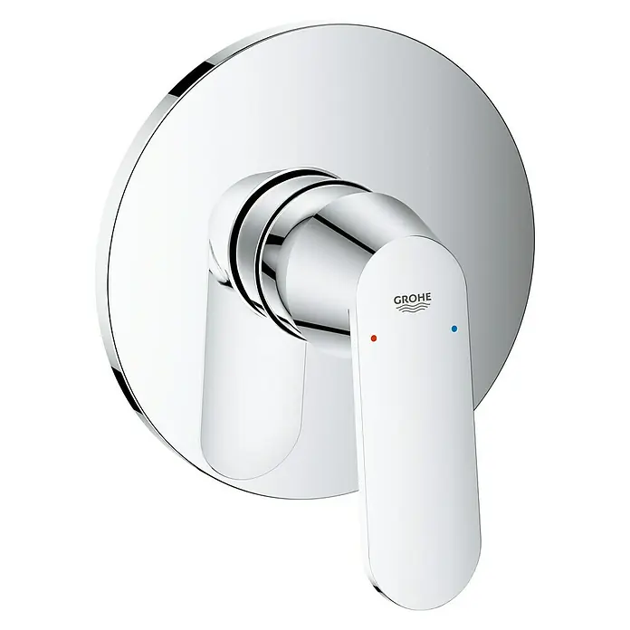 Grohe Eurosmart Cosmopolitan UP-Brausearmatur - Chrom, Glänzend - Nahaufnahme einer glänzenden Grohe Armatur mit Hebel, die auf einer runden Basis montiert ist und ein minimalistisches Design aufweist.