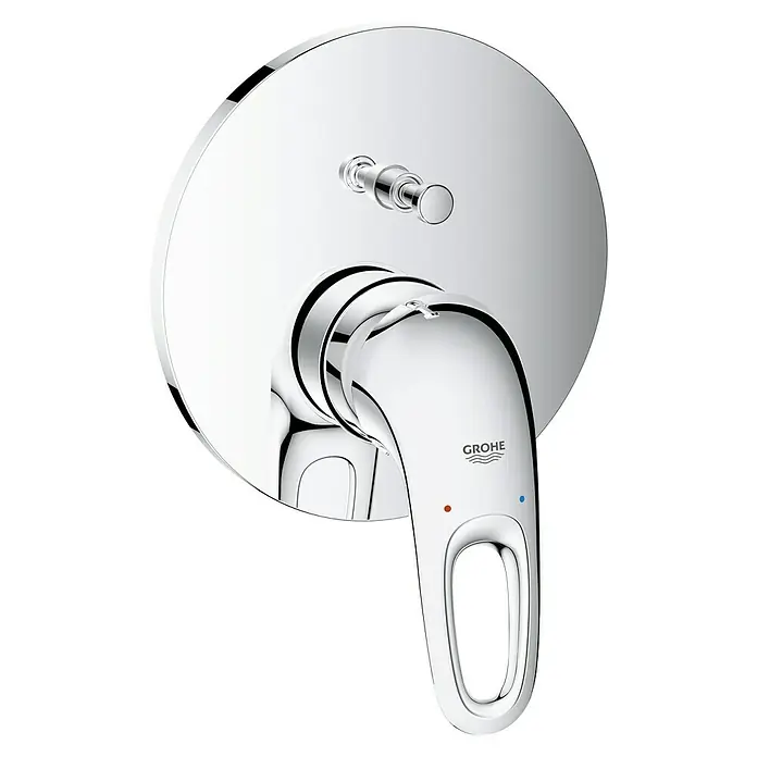 Grohe Eurostyle UP-Badewannenarmatur - Bügelgriff, Chrom, Glänzend - Nahaufnahme einer glänzenden Grohe Armatur mit einem Hebel, der mit blauen und roten Punkten für die Temperaturanzeige versehen ist.