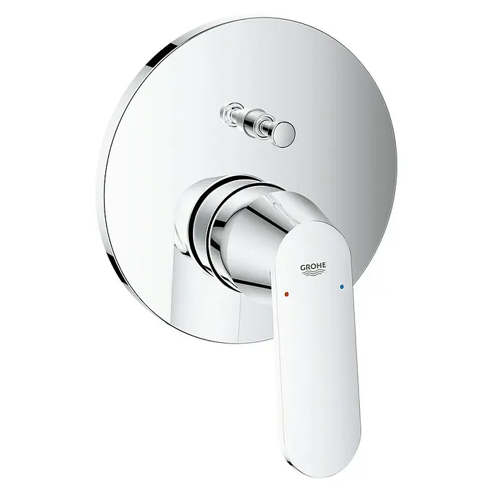 Grohe Eurosmart Cosmopolitan UP-Badewannenarmatur - Chrom, Glänzend - Nahaufnahme einer Grohe Armatur mit rundem Design, verchromter Oberfläche und Hebel mit Temperaturanzeige.