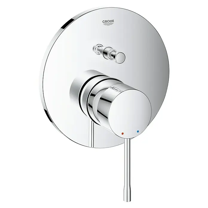 Grohe Essence UP-Badewannenarmatur - Chrom, Glänzend - Nahaufnahme einer glänzenden Grohe Armatur mit rundem Design und Temperaturregler. Hochwertige Badarmatur für moderne Badezimmer.