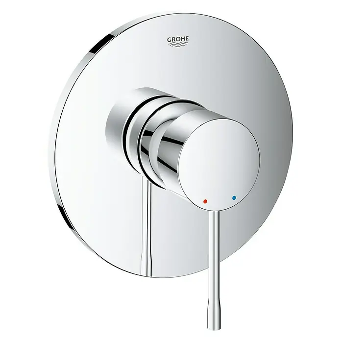 Grohe Essence UP-Brausearmatur - Chrom, Glänzend - Nahaufnahme eines Grohe Einhebelmischers mit Chromoberfläche und Temperaturanzeige für Badezimmerarmaturen.