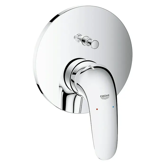 Grohe Eurostyle UP-Badewannenarmatur - Vollgriff, Chrom, Glänzend - Nahaufnahme einer glänzenden Grohe Armatur mit Temperaturregler und Hebel für den Wasserfluss.