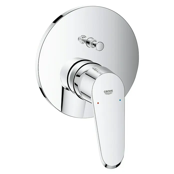 Grohe Eurodisc Cosmopolitan UP-Badewannenarmatur - Chrom, Glänzend - Nahaufnahme eines glänzenden Grohe Einhebelmischers mit runder Abdeckung und Hebel.