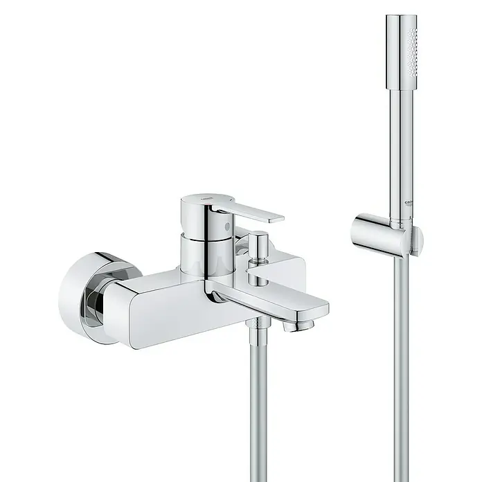 Grohe Lineare Badewannenarmatur - Ausladung Armatur: 184 mm, Chrom, Glänzend, Handbrause - Abbildung einer Grohe Eurocube Einhand-Badewannenbatterie mit Brausegarnitur in Chrom.