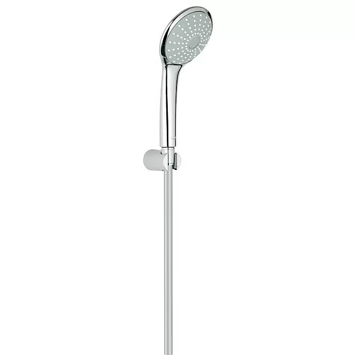 Grohe Euphoria 110 Brausegarnitur Mono - Anzahl Funktionen: 1 Stk., Chrom - Grohe Chrom-Handbrause mit grauer Brauseplatte und weißen Düsen an einer silbernen Brausestange.
