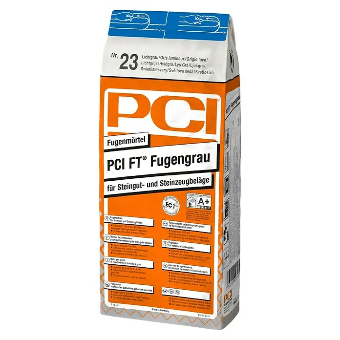 PCI FT FugengrauSilbergrau, 5 kg - Bild eines PCI FT® Fugengrau Fugenmörtels für Steingut- und Steinzeugbeläge, 5 kg Packung.