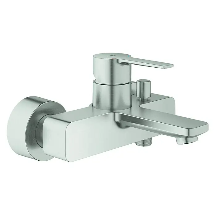Grohe Lineare Badewannenarmatur - Ausladung Armatur: 184 mm, Supersteel, Matt - Nahaufnahme eines modernen, silberfarbenen Wasserhahns für das Badezimmer, ideal für stilvolle Badezimmerdesigns.