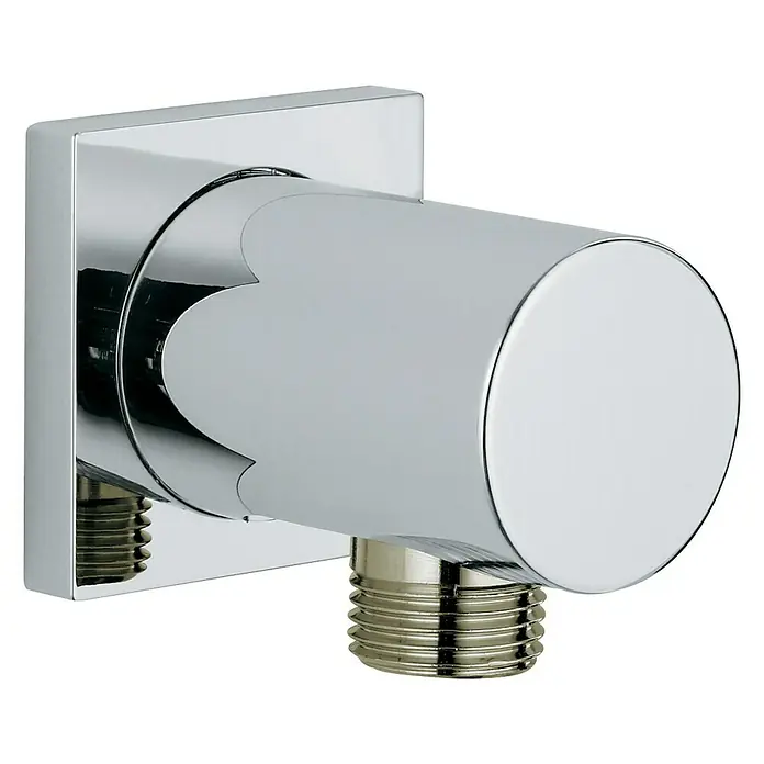 Grohe Rainshower Brauseanschluss - ½″, Chrom, Eckig - Nahaufnahme eines glänzenden, verchromten Eckventils mit quadratischer Rosette und zylindrischem Griff. Ideal für moderne Badgestaltungen.