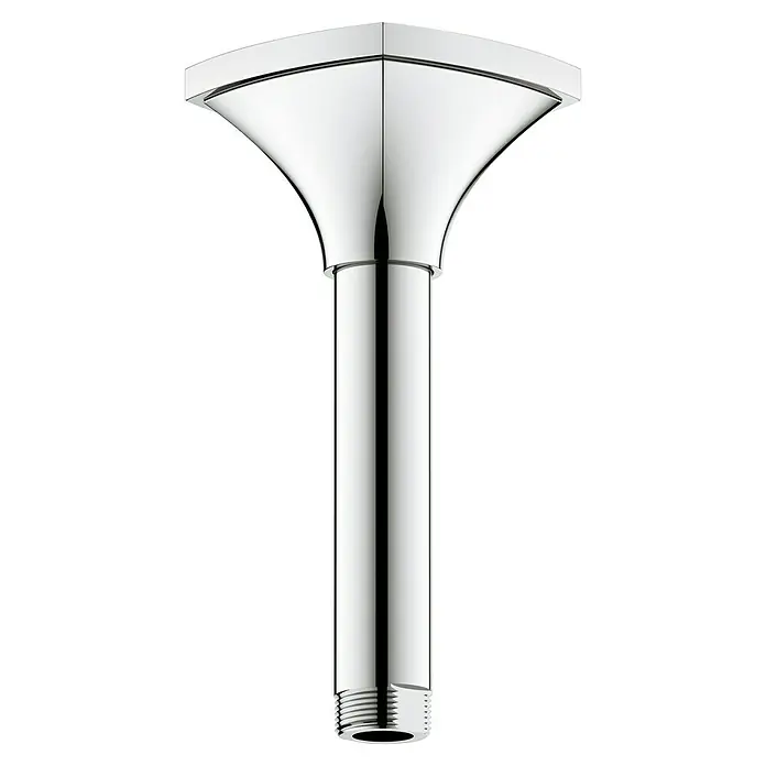 Grohe Brausearm Rainshower Grandera - Deckenmontage, ½″, Quadratisch, Höhe: 14,2 cm - Abbildung einer glänzenden, verchromten Kopfbrause-Deckenverlängerung. Sie ist zylindrisch, mit einem quadratischen Kopf für moderne Bäder.