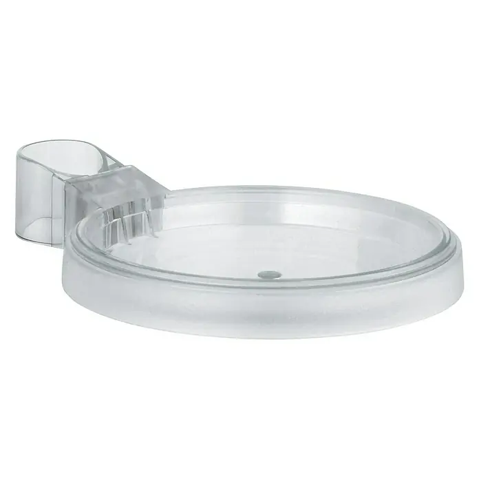 Grohe Seifenschale Relexa - Kunststoff, Transparent, Geeignet für: Brausestangen - Nahaufnahme einer durchsichtigen Seifenschale mit Halterung, die auf einem schwarzen Hintergrund steht.